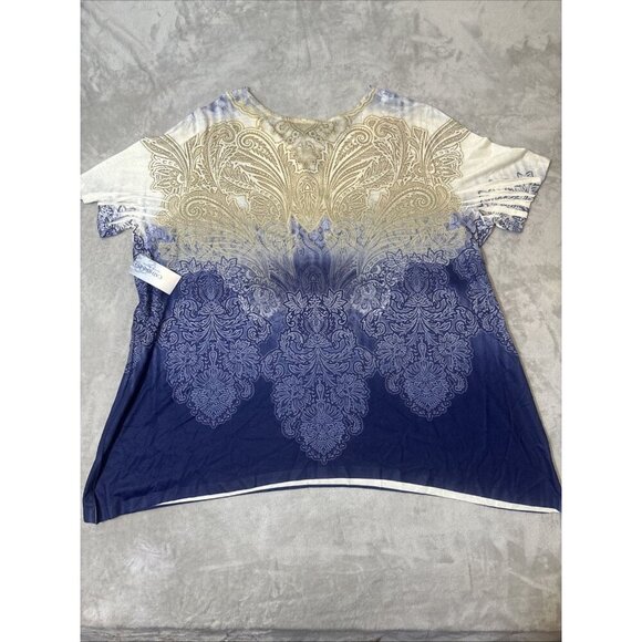 Women’s Catherines Blouse Paisley Navy Blue Tan Rhinestones Embroidered Neck 2X - Picture 9 of 12